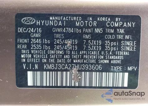 2017 Hyundai Tucson Sport z USA, uszkodzony, nr VIN KM8J3CA27HU393606